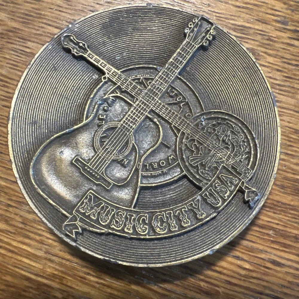 Lot of 2 VTG 1974 Bergamot Brass Belt Buckle-Jimm Watson-Guitar/Record/Banjo